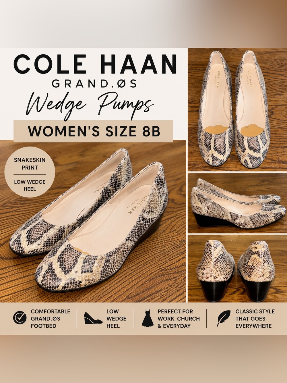 Cole Haan Grand.ØS Snakeskin Print Wedge Pumps Women’s Size 8B